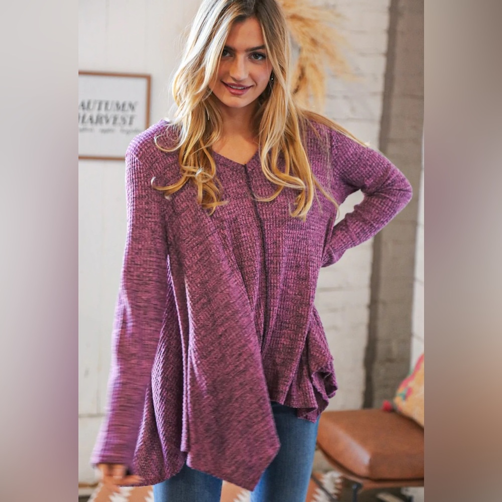 NWT Pink/Purple Shark Bite Hem Flowy Waffle Knit Top with Out Seam Stitching - Picture 6 of 7